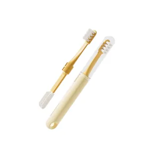 Pet double-head toothbrush with soft bristles, TPR massage head and clear case for pet care