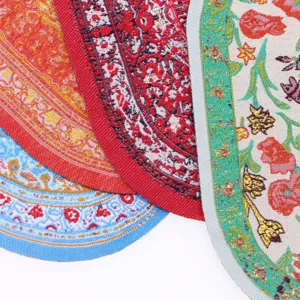 Miniature Turkish woven carpet set for dollhouse decor, oval vintage floral mini floor rugs.