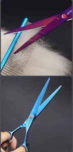Professional 7-inch pet grooming straight scissors for dogs and cats with vibrant finish.