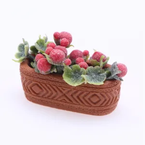Miniature dollhouse potted plant simulation red berry green foliage micro landscape accessory detail.