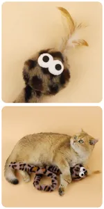 Juguete de serpiente leopardo de peluche para gatos con pluma y ojos locos divertidos.