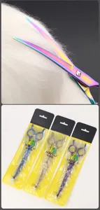 Colorful 7-inch pet grooming scissors set with curved design for professional haircut.