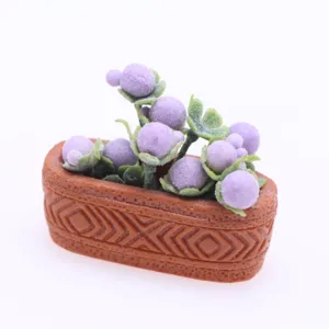 Miniature purple flocked berry potted plant accessory for dollhouse micro landscape decor.