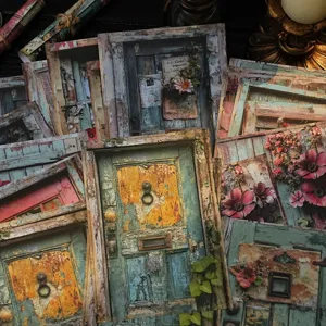 Vintage wooden door material paper sheets for scrapbooking and DIY journaling crafts decoration details.