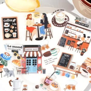 Cute coffee time aesthetic stickers pack detail showing various cute coffee shop designs.