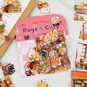 Cute red panda reading theme waterproof handbook stickers, 15pcs decorative DIY sticker pack.