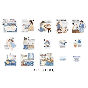 15pcs aesthetic lifestyle girl PET stickers set cozy daily life journaling DIY decorative decals