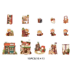 15pcs cute red panda waterproof stickers vintage bookstore journal diy decorative decal
