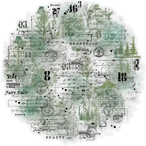Dettaglio adesivo slogan inglese foresta verde vintage, design di cancelleria decorativa.
