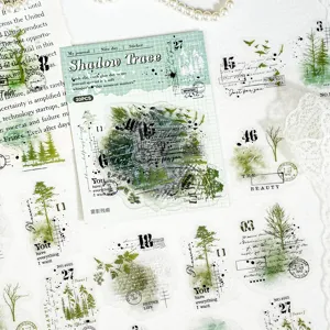 Set di 20 adesivi PET verde vintage con citazioni in inglese e motivi di alberi botanici.