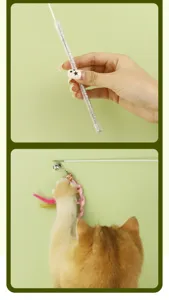 Interactieve kattentovenaarstaf met glinsterend handvat, gekleurde veren, bel en lint.