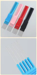 Primo piano dettagliato di un pettine a punte metalliche con manico in plastica per lo styling.