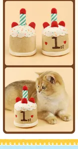 Cute plush birthday cake pet toy detail view with candle and 1st embroidery for puppy cat.