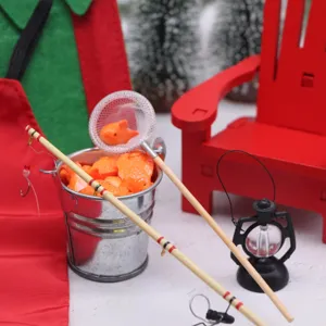 Dettagli del set da pesca in miniatura per casa delle bambole e campeggio.