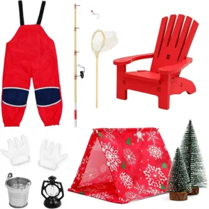 Set accessori da campeggio pesca per casa delle bambole tenda rossa sedia