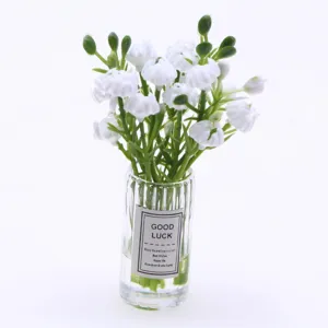 Miniatur Puppenhaus künstliche Blumen Vase Detail, Klares Glas mit weißem Blumendekor.