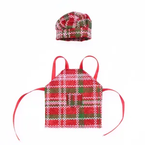 Miniatura set grembiule e cappello cuoco bambola Natale, tessuto scozzese rosso verde.