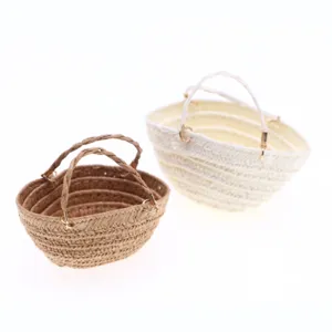 Miniature woven straw handbag set for dollhouse, handmade cute mini basket for doll accessories.