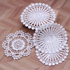 Miniature white lace table mats for dollhouse dining setup and bjd micro scene decor details.
