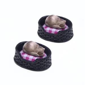Miniature cat bed dollhouse accessory, cute tiny sleeping cat model for ob11 scene decor.