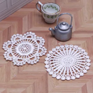 Mini white lace crochet doily for dollhouse table mat miniature bjd props 2pcs set