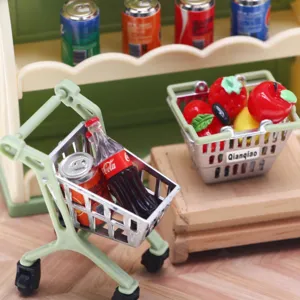 Dollhouse miniature supermarket shopping basket cart set micro scene doll house props accessories detail shot.