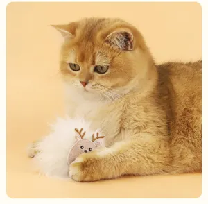 Cute plush cat toy with lovely deer design, soft fluffy fur, perfect for interactive pet play.