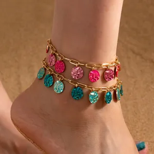 Bohemian Legierung Emaille Scheibe Quaste Anhänger Zweilagiges Fußkettchen Für Damen Vergoldet Farbblocking Strand Fußkette Schmuck