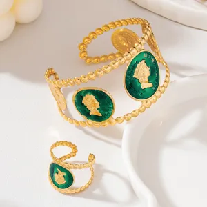 Ensemble bracelet manchette et bague monnaie émail vert doré vintage pour femme rétro.