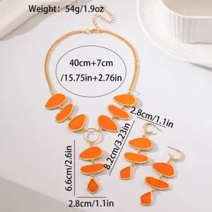 Gold-plated metal orange oval enamel necklace and long earrings jewelry set for women banquet.