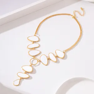 Gold-tone chain necklace featuring elegant white oval enamel pendants in a unique asymmetrical Y-shape.