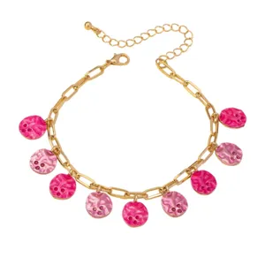Goldfarbene Kette Fußkettchen mit lebendigen rosa Emaille-Scheiben Anhänger Strand Schmuck.