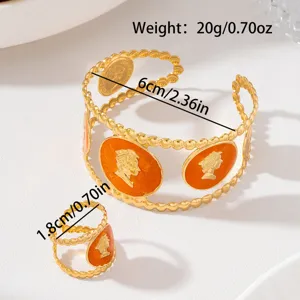 Rétro vintage émail orange portrait pièce manchette bracelet et bague ensemble pour femmes