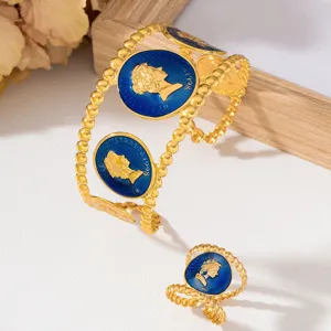 Ensemble bracelet bague monnaie couleur or vintage, bijoux portrait émail bleu chic