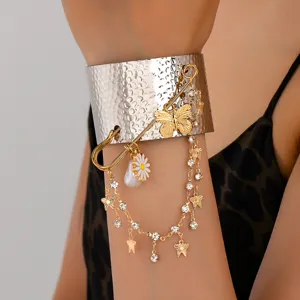 Fashion Alloy Open Cuff Bracelet Hammered Design With Safety Pin Butterfly Flower Artificial Pearl Rhinestone Tassel Charms Bracelet For Women Party Gift