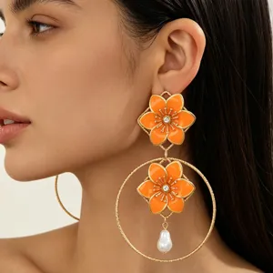 Retro Vacation Style Alloy Hollow Metal Loop Earrings With Rhinestone Flower And Irregular Artificial Pearl Pendant Earrings For Women