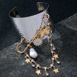Fashion wide cuff bracelet with safety pin baroque pearl butterfly charms sweet cool style.