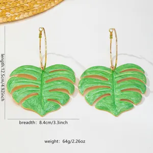 Boucles d'oreilles créoles monstera vert tropical métal grand pendant bijoux de mode