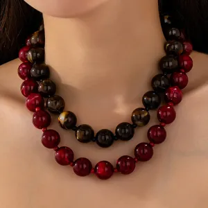 Collana con Perline Tonde in Acrilico di Lusso Retrò Europeo per Donna Collana con Catena a Clavicola con Perline Marrone Rosso per Banchetto Festa Gioielli