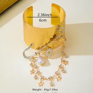 European American fashion butterfly pearl wide cuff bracelet with safety pin charm and rhinestones.
