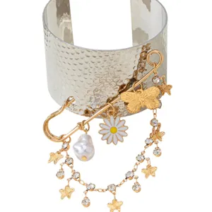 Silver wide cuff bracelet with gold safety pin butterfly pearl rhinestone sweet cool style