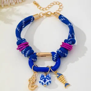 Bracelet jonc marin en corde coloree avec pendentif queue de sirene squelette de poisson
