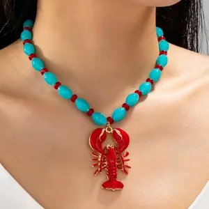 Colgante De Cangrejo Langosta Esmaltado Aleación Vida Oceánica Vacaciones Verano Divertido Gargantilla Cadena Perlas Artificiales Para Mujer Joyería