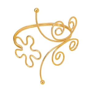 Brazalete de brazo abierto dorado retro francés con diseño de flor y espiral para mujeres