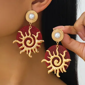 Boucles d'Oreilles Pendantes Soleil Martelé en Spirale Rétro Américain pour Femmes avec Perles Artificielles et Glands Dorés pour Fête Banquet Bijoux