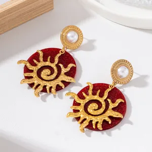 Boucles d'oreilles soleil perle dorées vintage rétro rouge paillettes fête vacances