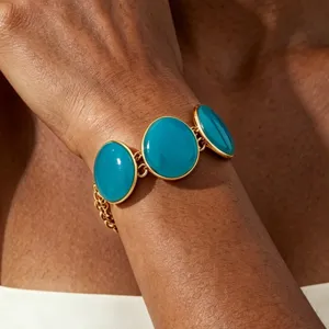 Summer beach vacation blue enamel oval disc gold chain bracelet for stylish party wear