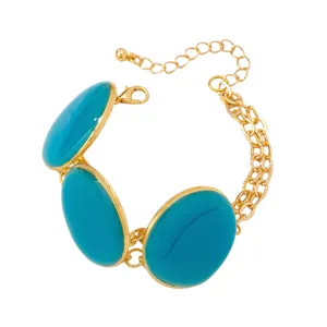 Blue enamel oval charm gold chain bracelet summer beach vacation party jewelry style