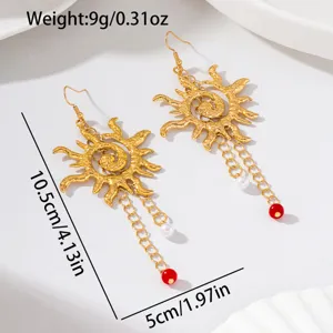 Boucles d'oreilles soleil pendantes en or vintage avec texture marteau, perles, 10.5cm.