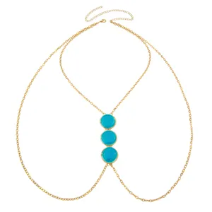 Gold body chain featuring vibrant blue enamel round pendants, perfect for summer beach party.